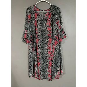 Boutique Red Pink Snake Print 3/4 Flutter Sleeve Dress With Pockets 2X